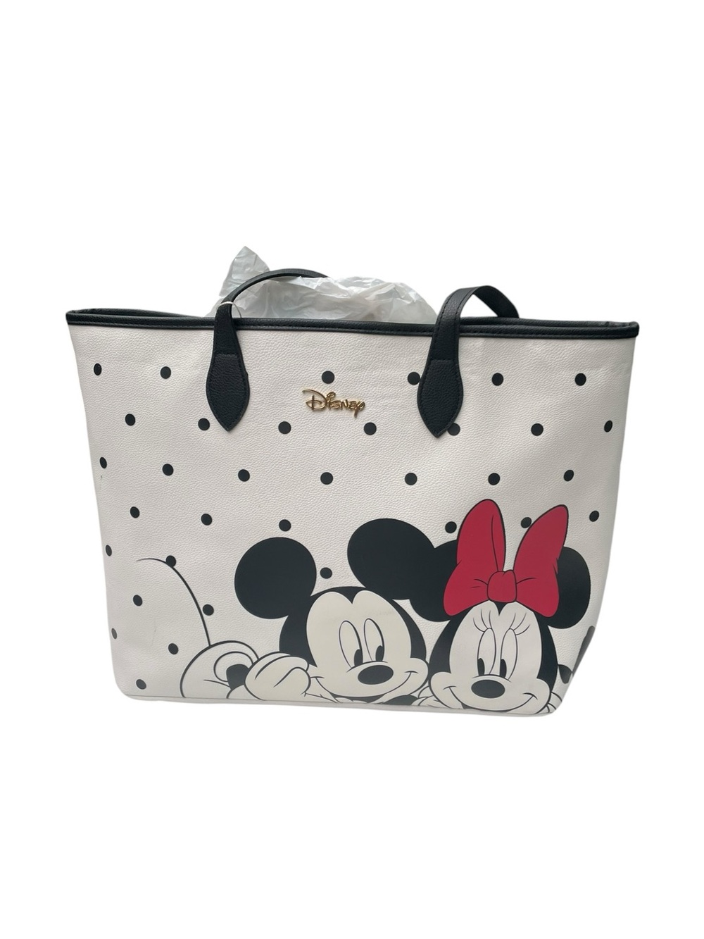 Disney Primark White Polka Dot Tote with Black Trim and Red Bow Accent